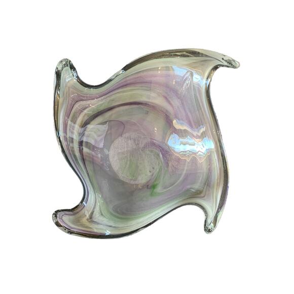 19” Murano Style Handblown Bowl Glass Ribbon Vase Wave Ribbed Purple Green Glass - Picture 6 of 16